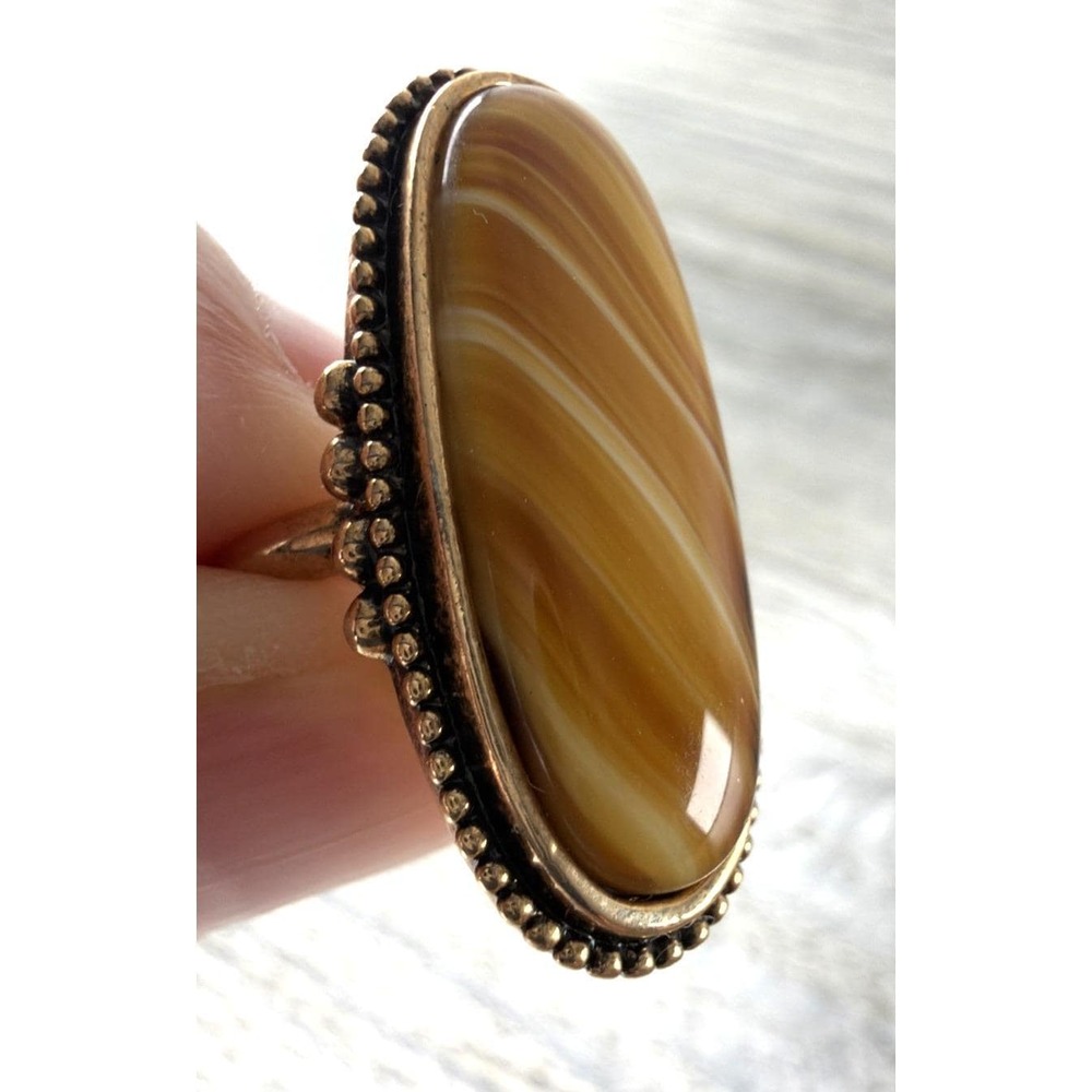 Vintage 1978 Avon Shimmering Sands Ring Faux Banded Agate Gold Tone Size 5 Small